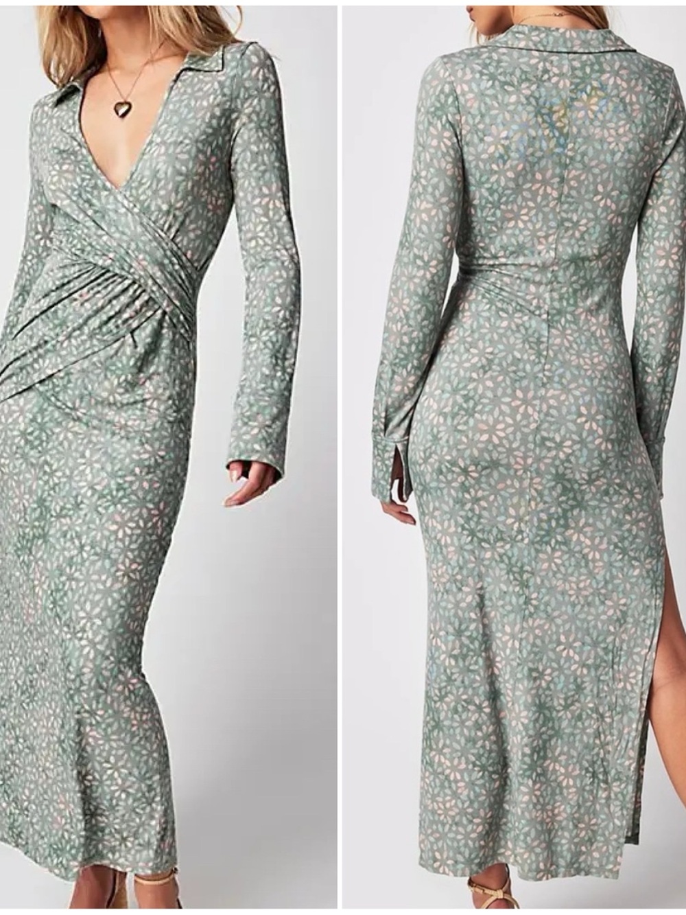 Free People XL Shayla Mint Green Floral Wrap Jersey VNeck Long Sleeve Midi Dress